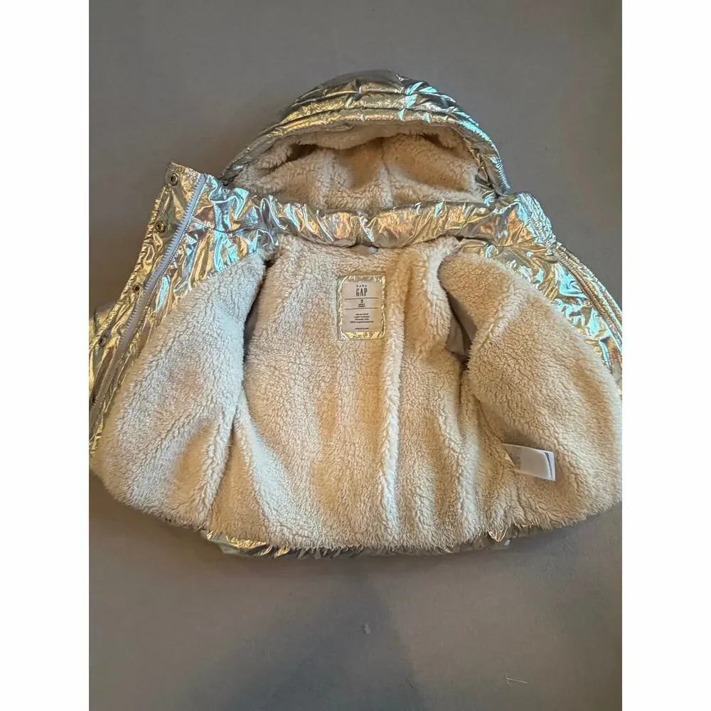 Baby Gap Metallic Silver Sherpa Lined Puffer Jacket Coat 3T